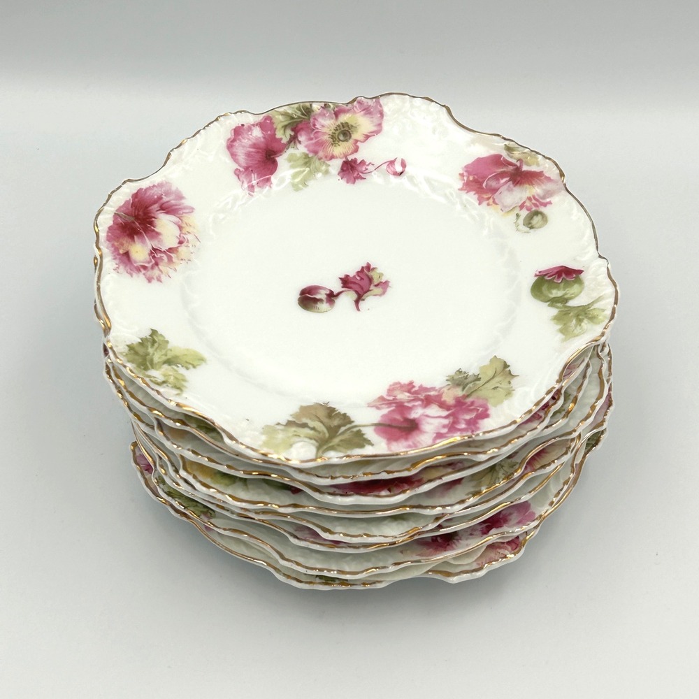 Antique Oscar Schlegelmilch Germany Porcelain Plates Set of‎ 8 Pink Poppy Floral